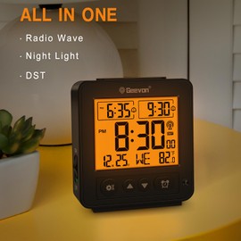 Geevon Small Digital Atomic Alarm Clock for Bedroom, Travel Table Clock with Auto/8s Backlight, 2 Alarm, Temperature, Desk Clock Battery Operated for Deep Sleepers Kids Elderly Home Office, Black