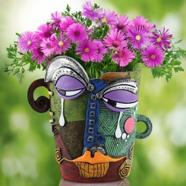 BJVF Picasso-Inspired Abstract Face Flower Pot | Unique Head Planter with Drainage Hole | Vibrant Colors & Quirky Art Decor (Tears)