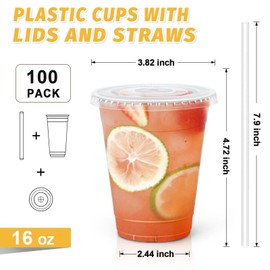 Clawsoff 100 Pack 16 oz Disposable Clear Plastic Cups with Lids and Straws