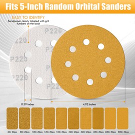 Maxdot 200 Pcs 5 Inch Sanding Discs 8-Hole Hook and Loop Gold Sandpaper Mixed Grits, 60, 80, 100, 120, 150, 220, 320, 400, 600, 800 for Random Orbit Sander