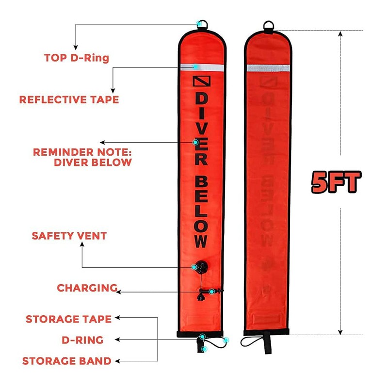 5ft Red Scuba Diving Open Bottom Surface Marker Buoy (SMB)