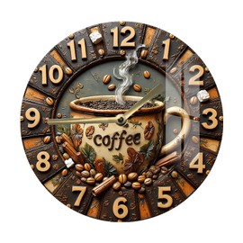 13 Inch 3D-Inspired Visual on 2D HD Print Round Large Tempered Glass Wall Clock Vintage, Rustic - Farmhouse - Decorative,Silent Non Ticking -Modern Analog Wall Clock for Coffee Bar, Kitchen