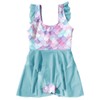 Bonito traje de baño de una pieza para niñas con mangas de volantes, vestido de tul de 2 a 12 años, Azul / Patchwork, 9-10 Años