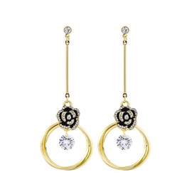 Black Enamel Camellia Earrings for Women Flower AAA Cubic Zirconia Long Drop Earrings Statement Fashion Earings, Zinc, Cubic Zirconia