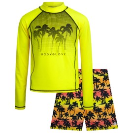 Body Glove Boys Swim Set - Boys Swim Trunks with Rash Guard UPF50+ 2 Piece Bathing Suits with Shorts Swimsuit Set (Size 4-12), Size 10, Neon Yellow Palm Trees
