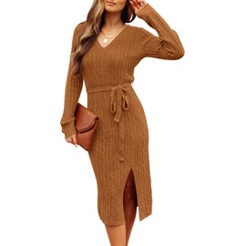 MEROKEETY Women's 2025 Long Sleeve Bodycon Sweater Dress V Neck Cable Knit Slit Midi Dresses with Belt, Caramel, XL