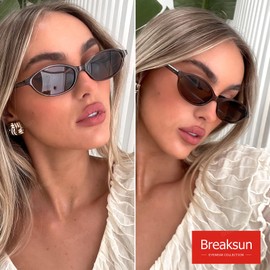 Breaksun Retro Oval Sunglasses for Women Trendy Oval Narrow Cat Eye Sunnies 90s Vintage Shades (Brown/Brown+Black/Grey)