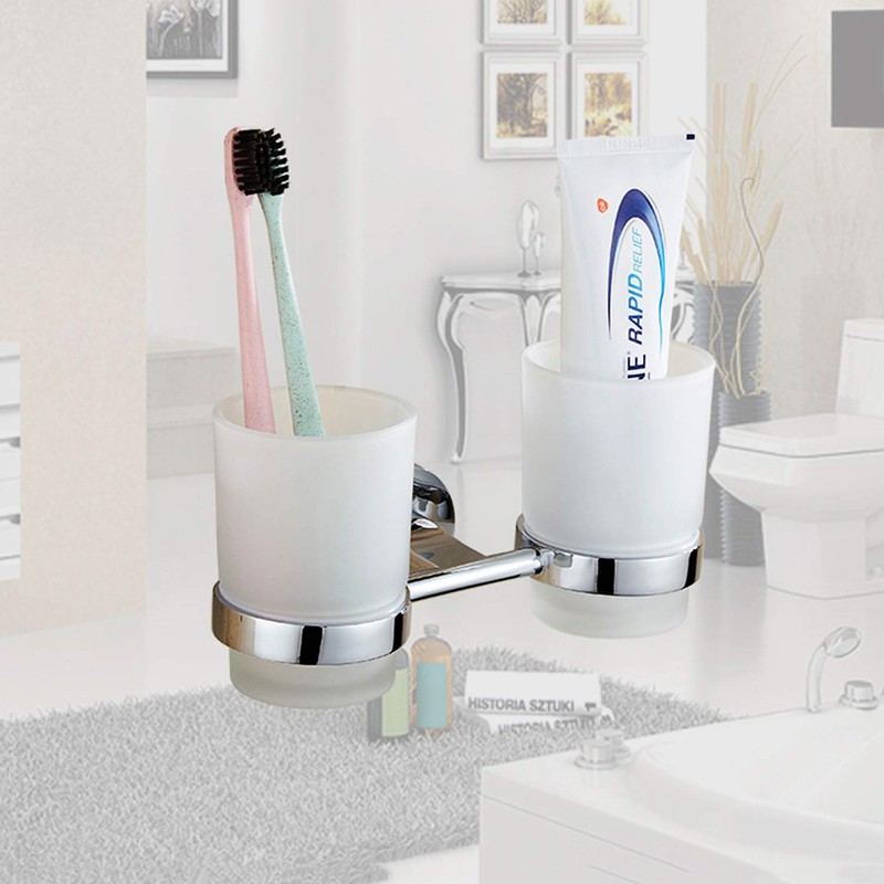 Toothbrush Glass Tumbler with Stainless Steel Holder Wall Mount Chromed