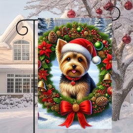 Merry Christmas Garden Flag 12 x 18 Inch Double Side Funny Yorkshire Terrier Dog Garden Flag with Santa Hat Yard Outside Decorative Banner Holiday Seasonal Yard Flag