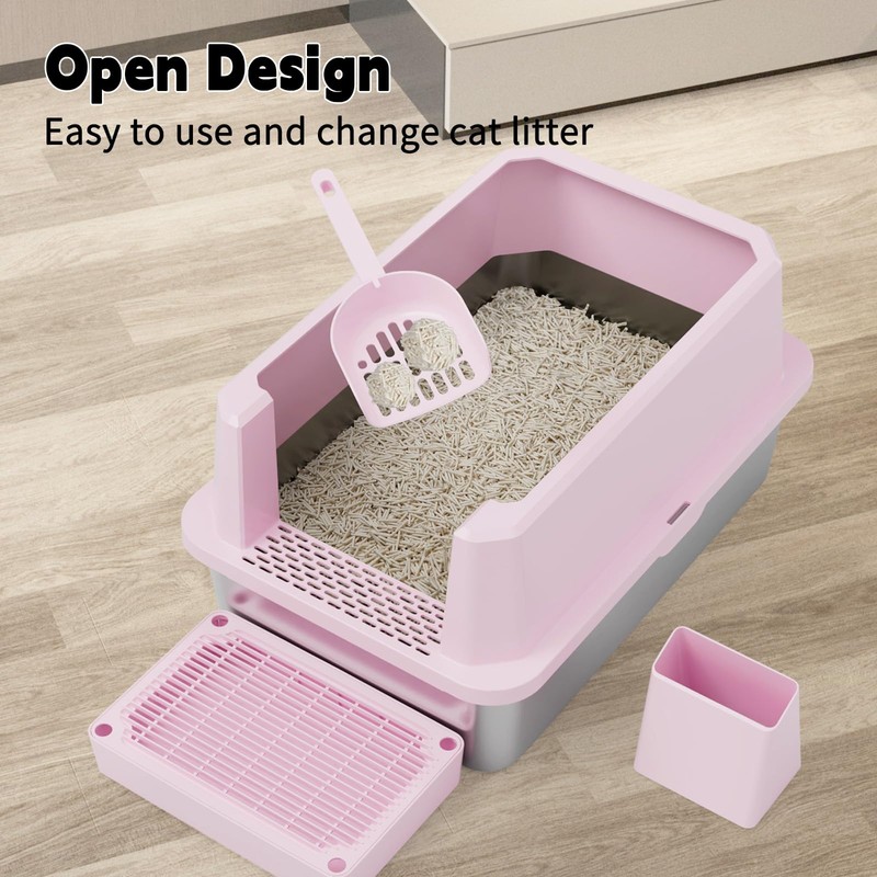 RIZZARI Large Cat Litter Box: Pink Semi-Closed Stainless Steel Litter
