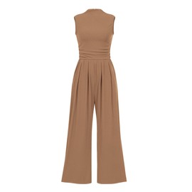 PRETTYGARDEN Womens Summer Jumpsuits Dressy Casual One Piece Outfits Sleeveless Mock Neck Wide Leg Pants Rompers with Pockets (Camel,Medium)