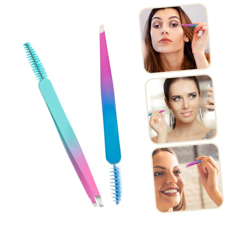 Healvian 2pcs Professional Eyebrow Tweezers Portable Stainless Tool with Brush