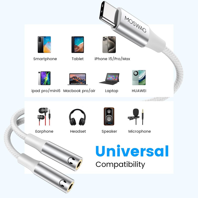 MOSWAG USB C to 3.5mm Aux Audio Headphone Splitter, 2-in-1