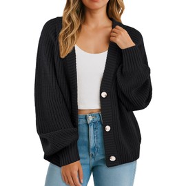 GRECERELLE Women's Cardigans Soft Long Sleeves Jumpers Ladies Knit V Neck Oversized Sweater Loose Chunky Cardigan with Buttons for Women UK,Autumn,Winter, Spring (Black, M)