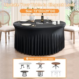 NSSONBEN 8 pk Black Round Spandex Tablecloth 72 in with Ruffle Skirt, Wrinkle Free High-Stretch 132 inch Table Cloth Round Fitted 6ft Elastic Spandex Table Covers for Party Wedding Graduation Banquet
