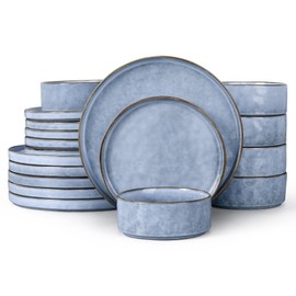 LIANYU 18 Pcs Dinnerware Sets for 6, Plates and Bowls Dinner Set, Stoneware Dish Tableware for Dessert Salad Pasta, Microwave & Dishwasher Safe, Serenity Blue