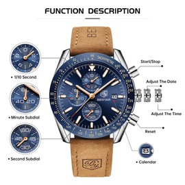 BENYAR Mens Watches Quartz Movement Chronograph Leather Strap Fashion Business Sport Design 30M Waterproof Scratch Resistant Wristwatch Elegant Watch Gifts for Men