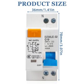 Fi Circuit Breaker, 1P+N DIN Rail Mounting, Overload Protection, Residual Current Device, AC 230 V 30 mA Circuit Breaker with Overcurrent Protection, FI/LS Switch, Circuit Breaker (10A)
