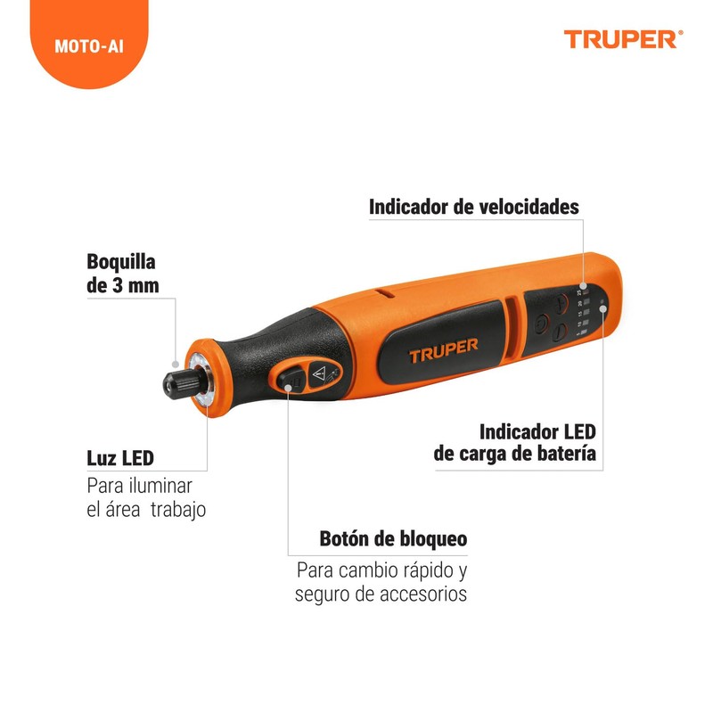 Truper MOTO-AI Herramienta rotativa inalámbrica 7.2 V profesional con 45
