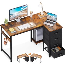 Casaottima L Shaped Desk with 4 Drawers, 40" Small Corner Computer Desk with Storage, Reversible Kids Study Table with CPU Stand & Hook, Work Table for Home Office, Brown