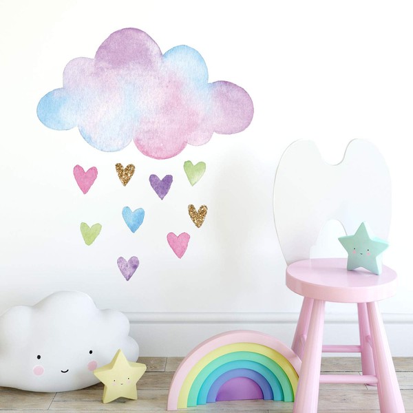 Watercolour Cloud and Hearts Wall Decal | Girl's Room décor | Wall Stickers