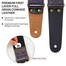 Nefelibata Guitar Strap, Vintage Embroidered Cotton Guitar Straps with Genuine Leather Ends for Bass, Electric & Acoustic Guitars, Come with Free Strap Button, 1 Pair Strap Locks and 4 Guitar Picks