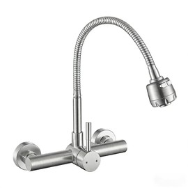 ZHYICH Wall Mount Kitchen Sink Faucet 8 Inch Center with Flexible Sprayer,Stainless Steel Mixer Tap with Dual Function Sprayer,Nickel Brushed Unility Sink Faucet