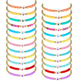 Sureio 24 Pcs Colorful Groovy Retro Friendship Bracelets Heart Hippie Surfer Friendship Bracelets Stretch Beaded Kids Bracelet for Tween Girls Women Groovy Party Favors