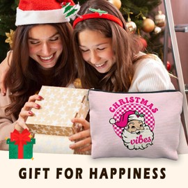 RYYCDOI Pink Christmas Makeup Bag, Vintage Pink Checkered Christmas Santa Cosmetic Bags for Women, Christmas Santa Gifts for Women, Christmas Zipper Pouch Makeup Pouch, Pink Makeup Bag