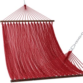 Lazy Daze Hammocks 10.5 FT Double 2 Person Caribbean Rope Hammock, Hand Woven Polyester Hammock with Spreader Bars, for Outside Outdoor Backyard Patio Poolside,450 LBS Capacity,Red