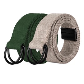 PBF - Cinturón de lona para hombre y mujer con hebilla de anillo en D negro, 1 1/2 pulgadas de ancho, tamaño pequeño a grande, paquete de 2 colores sólidos, Beige y verde., 42" - 46"