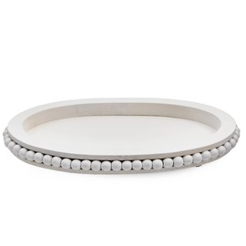 AuldHome Wood Beaded Tray (White), Decorative Farmhouse Style Oval Wooden Tray