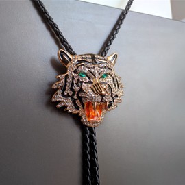 Himongoo Rhinestone Golden Tiger Bolo Tie for Men Women – Western Cowboy Wedding Necklace with Crystal Tiger Pendant, Adjustable Leather Cord, Gift for Groomsmen