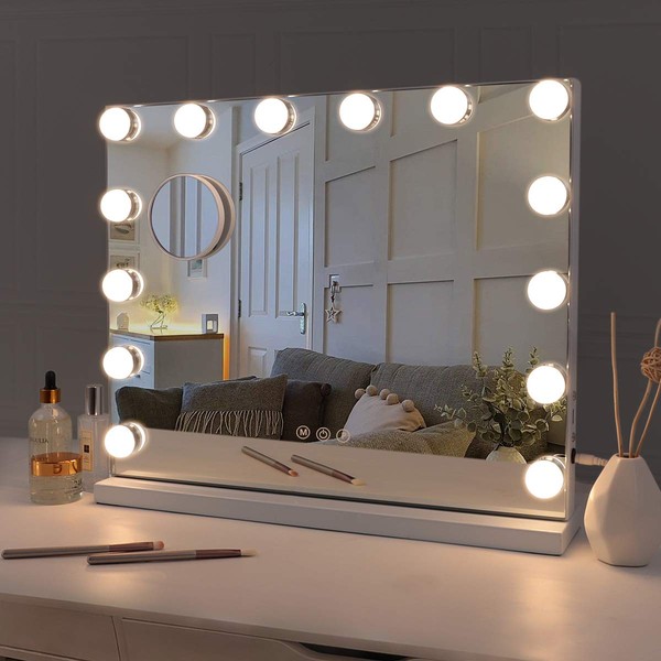 Fenair Hollywood Vanity Mirror with Lights Lighted Makeup Mirror with 14 Dimmable LED Bulbs,Adjustable Brightness,Touch Screen, USB Port,Tabletop
