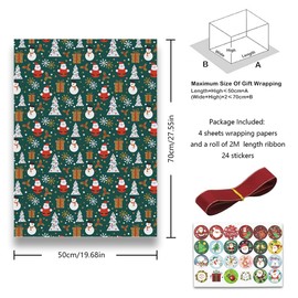 Christmas Wrapping Paper Folded Flat Sheets (30"x20" Per Sheet, 4-Sheets, 4-Designs: 15 sq. ft. ttl) with Wine Red Gold Edge Ribbon and Stickers for Kids Boys,Girls Baby Unique Xmas Decorative Paper and Holiday Gift Wrap