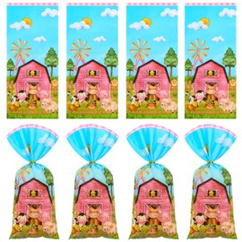 50 PCS Farm Animal Cellophane Treat Bags Farmhouse Gift Bags Plastic Party Favor Bags Cute Horse Pig Cow Sheep Candy Goodie Bags for Girls Boys Kids Farm Barnyard Birthday Baby Shower Party Supplies