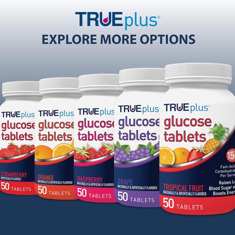 TRUEplus Glucose Tablets, Chewable, Grape Flavor, 15g Fast-Acting Carbohydrates, Fat