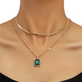 Inateannal Boho Emerald Pendant Chain Necklace Green Emerald Crystal Pendant Necklace Gold Layering Herringbone Choker Necklace Emerald Square Necklace Jewelry for Women and Girls