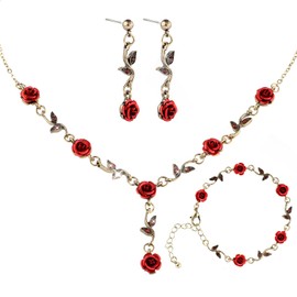 Yolev 3Pcs Set Red Rose Jewelry - Rose Flower Pendant Necklace, Bracelet Dangle Earrings.Bracelet Flower Jewelry Dangle Earrings Set For Valentine's Day Mother's Day Gifts Wedding Gifts