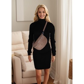 MIRROSI® Women's Bum Bag, Made in Italy, Genuine Leather Shoulder Bag, Chest Bag, Crossbody Bag Made of Genuine Leather, Available in 3 Sizes, Taupe (Suede Silver Zipper)