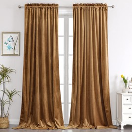 Benedeco Camel Velvet Curtains for Bedroom Window, Super Soft Luxury Drapes, Room Darkening Thermal Insulated Rod Pocket Curtain for Living Room, W52 by L120 inches, 2 Panels