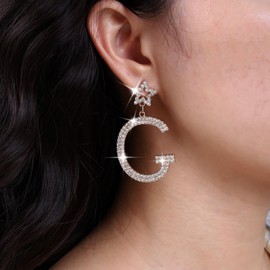 TseenYi Boho G Dangle Letter Earrings Large Gold Rhinestone Earrings Vintage CZ Star Stud Earrings Large Alphabet Dangle Earrings Saprkly Rhinestone Earrings Jewellery for Women and Girls, Crystal