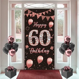 Happy 60th Birthday Door Banner Backdrop Decorations for Women, Rose Gold 60th Birthday Party Door Cover Sign Supplies, 60 Years Old Birthday Poster Background Photo Booth Props Decor