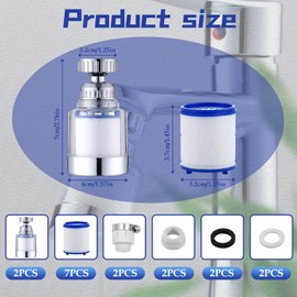 LURNODY Pack of 2 Water Filter Tap, 360° Water Filter Tap, Tap Filter for Drinking Water, Water Filter for Tap with 7 Pieces PP Cotton Filter Element and Universal Adapter