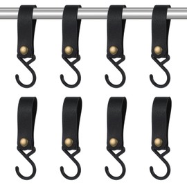 Yuanchu Pack of 8 S Hooks with Leather Loop, 16 x 2 cm Hooks for Clothes Rail, S-shaped Hooks for Hanging, Camping Hooks, Plastic, Multifunctional Hooks, Coat Hooks for Kitchen, Bathroom, Black