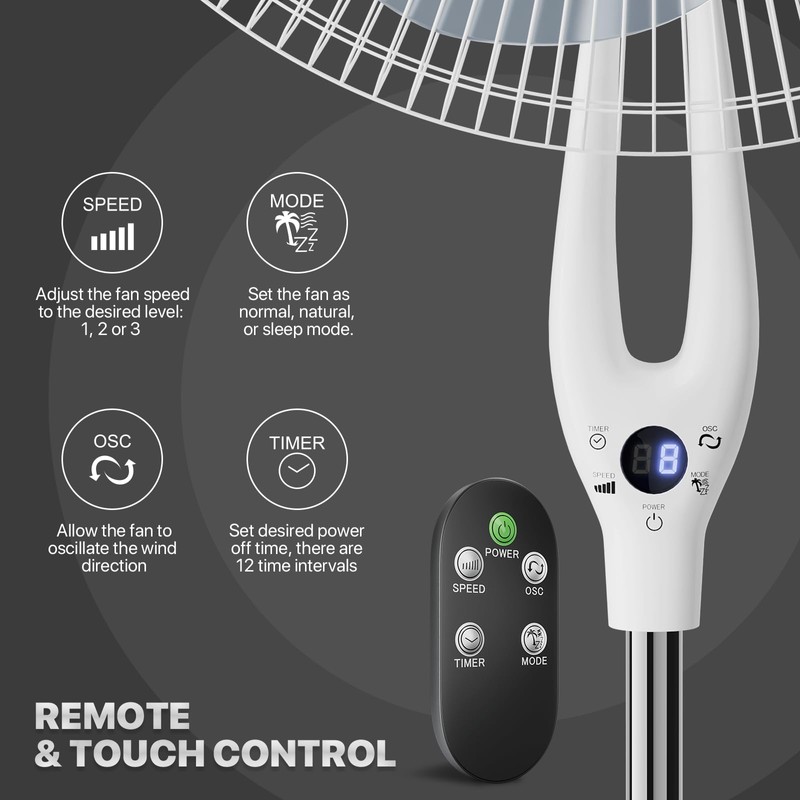 mollie Oscillating Pedestal Fan with Remote Control 12H Timer Portable
