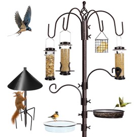YINGYM 6-Hook Bird Feeding Station Kit Wild Bird Feeder Stand Pole, Multi-Feeder Hanging Kit Stand with Water Bowl, Mesh Tray and Squirrel Guard Baffle, 94 Inch