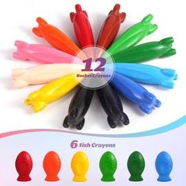 JYPS Washable Crayons for Toddlers 1-3, 18 Colors Non-Toxic Safe Silky Crayons Set, 12 Rockets and 6 Mermaids Coloring Crayon for Kids, Art Supplies Toys Gift for Girls/Boys Back to School