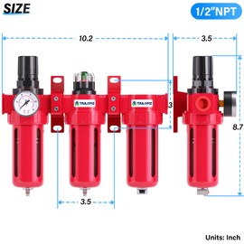 TAILONZ PNEUMATIC 0-150PSI 1/2 Inch NPT Aluminum Alloy Industrial Grade Three Stage Air Drying System, Particulate Filter, Coalescing Filter, Desiccant Dryer and Air Regulator (Manual Drainage)