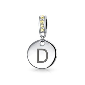 D Initial Monogram Simulated Yellow Topaz Crystal Accent Bale Round Circle Disc Shape Dangle Bead Charm .925 Sterling Silver For Women Teen European Bracelet